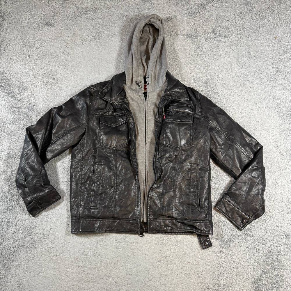 Levi's Mens Faux Leather Hooded Jacket Medium Black Faux Fur Lined Moto Coat